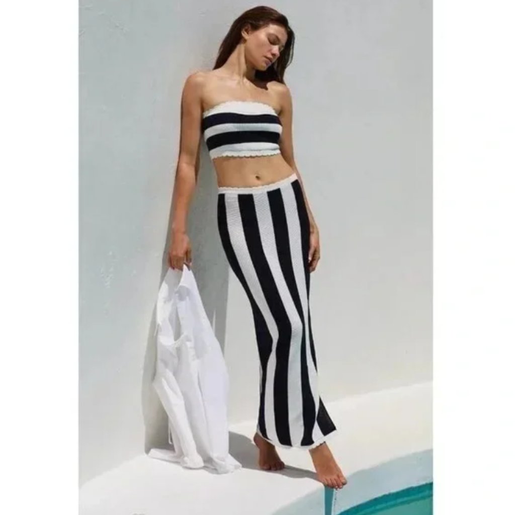 Brand New 2-Pc Anthropologie Striped Strapless Scalloped Bandeau Top & Skirt